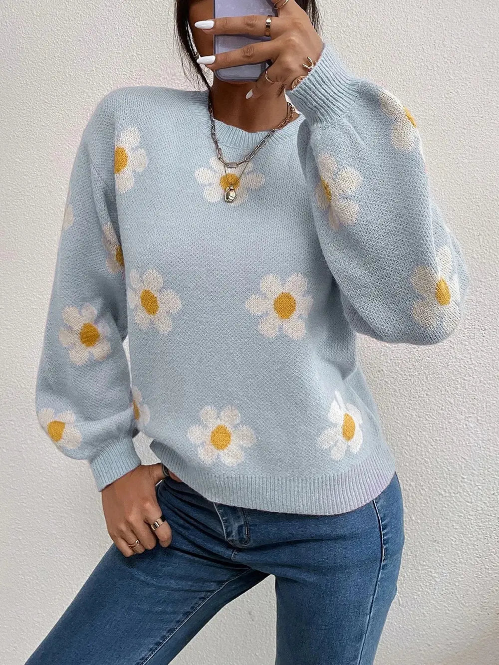 Flower Round Neck Latern Sleeve Sweater Trendsi