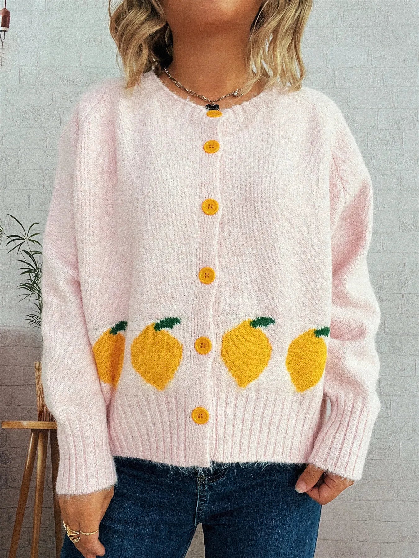 Lemon Pattern Button-Up Cardigan