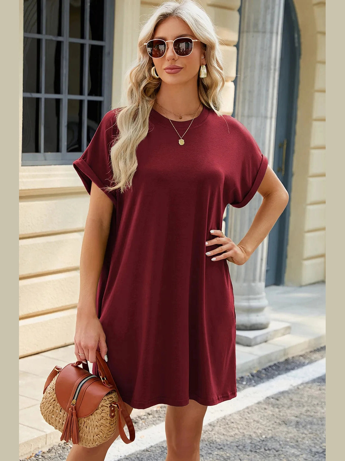 Round Neck Rolled Short Sleeve Tee Dress nicholesgifts