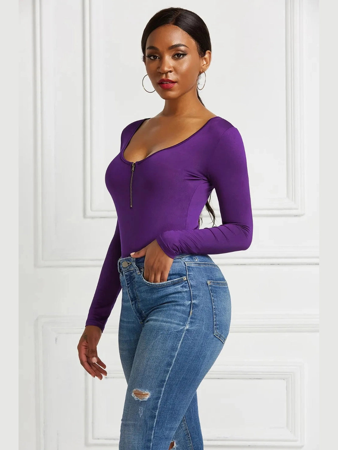 Half Zip Scoop Neck Long Sleeve Bodysuit nicholesgifts