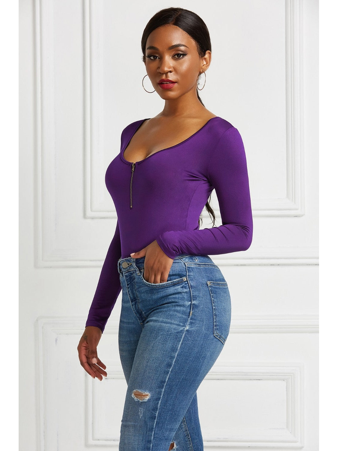 Women Half Zip Scoop Neck Long Sleeve Bodysuit nicholesgifts