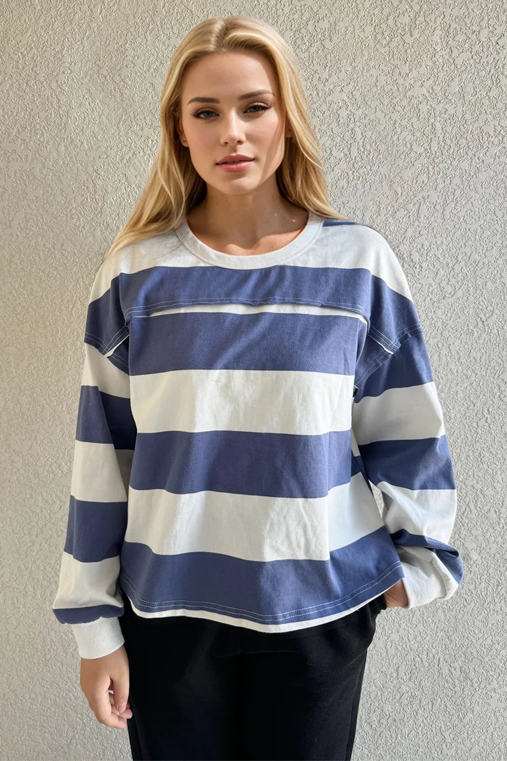 Oh Pima Cotton Wash Exposed Seam Contrast Striped Round Neck Long Sleeve T-Shirt Trendsi