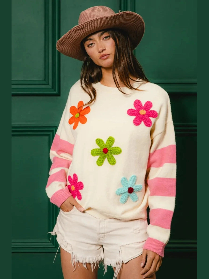 BiBi Colorful Floral Patched Sweater with Striped Sleeve Trendsi