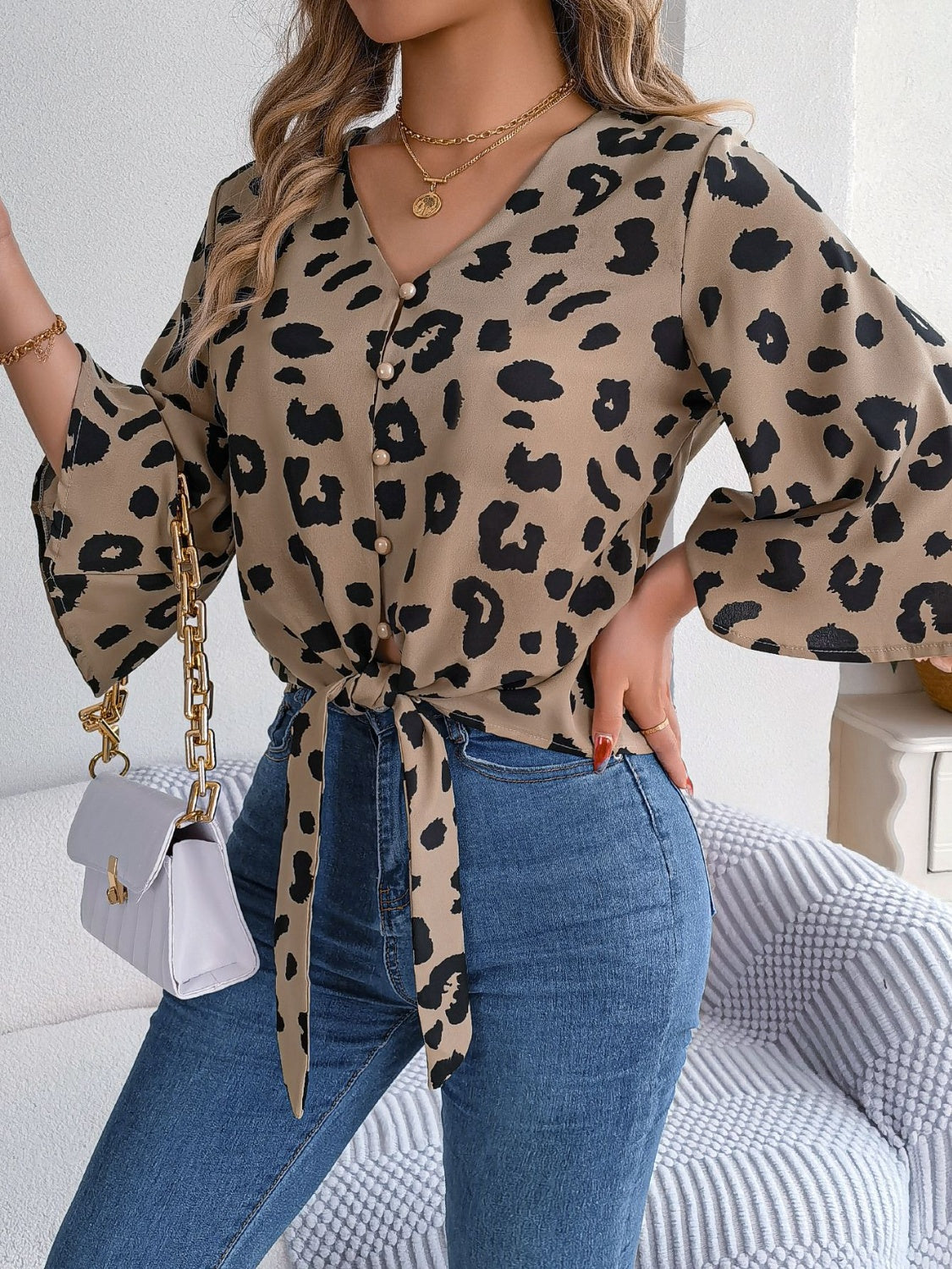 Tied Button Up Leopard V-Neck Blouse nicholesgifts