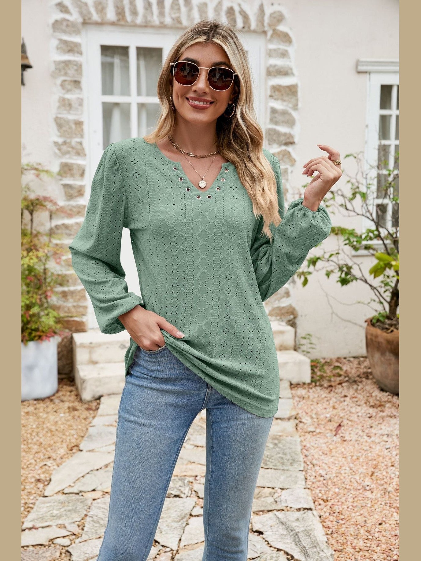 Eyelet Notched Neck Balloon Sleeve Blouse