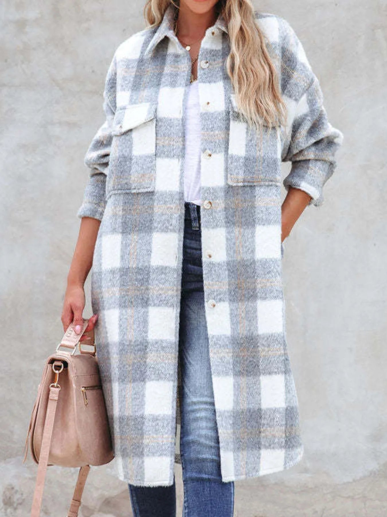 Oversized Plaid Button Up Longline Jacket Trendsi