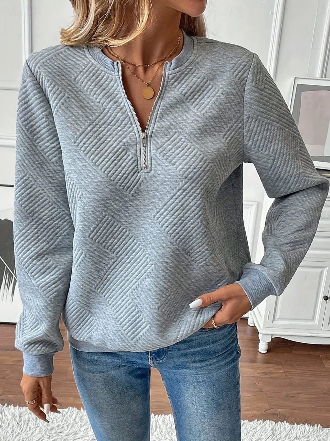 Quarter Zip Textured Long Sleeve Sweatshirt NicholesGifts