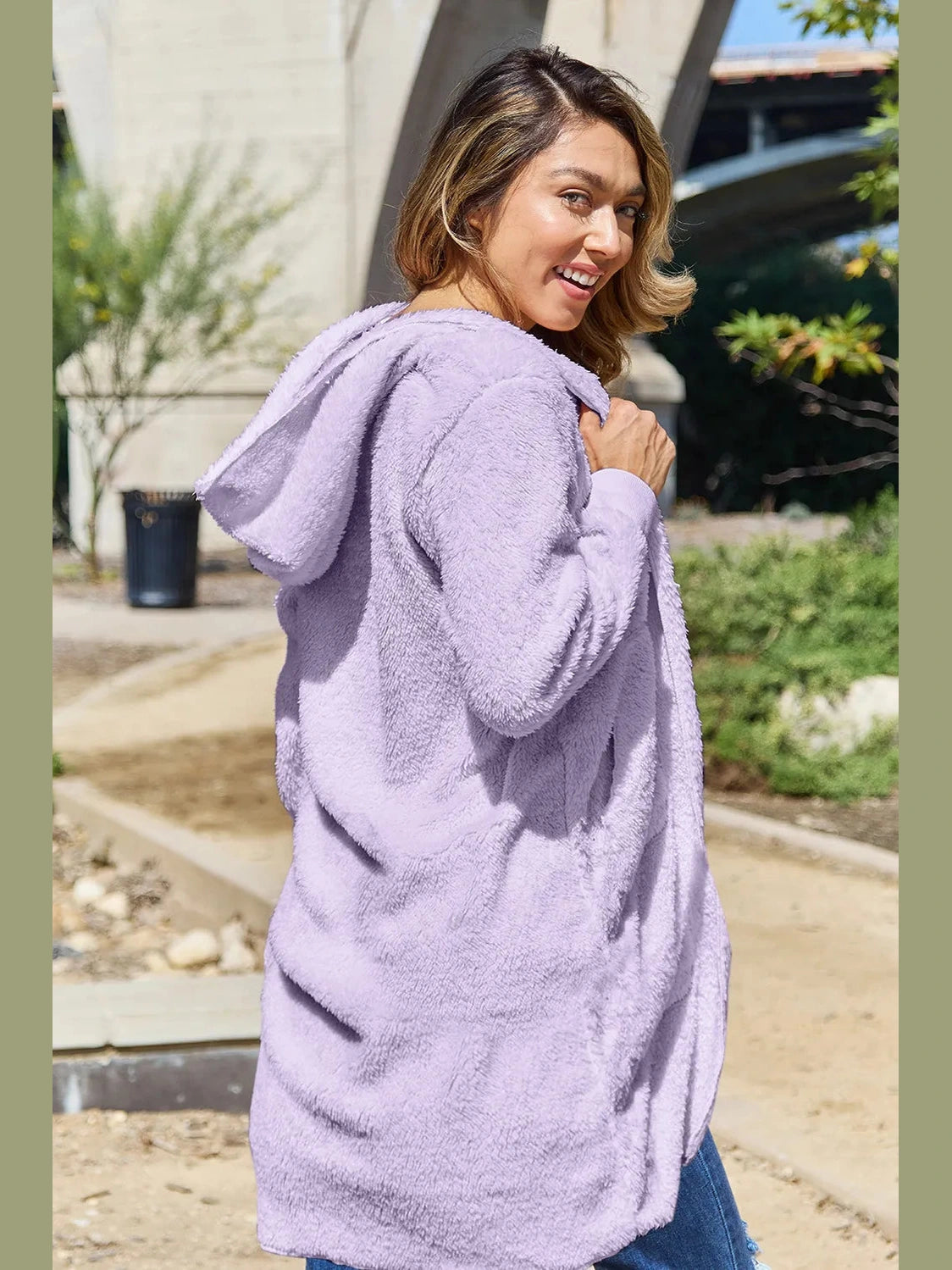 Double Take Full Size Hooded Teddy Bear Jacket with Thumbholes nicholesgifts
