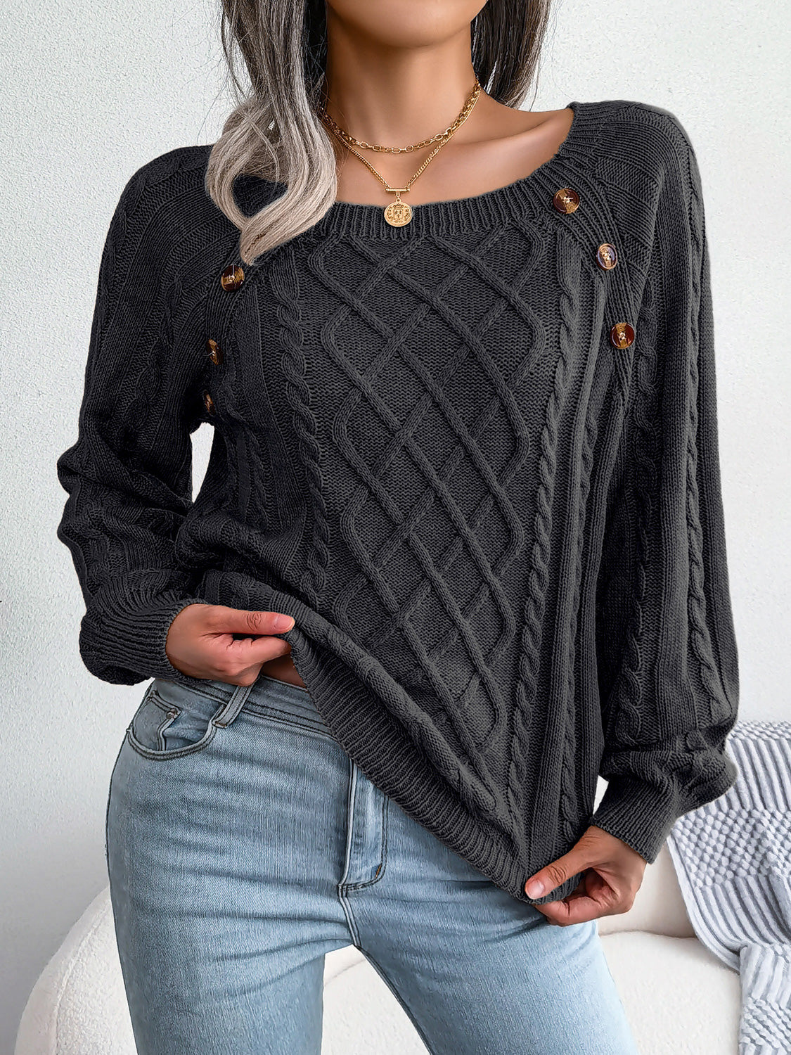 Decorative Button Cable-Knit Sweater Trendsi