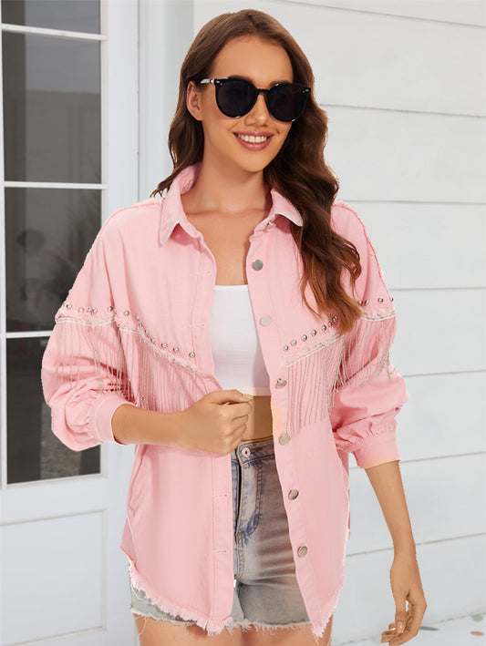 Raw Hem Fringe Detail Denim Jacket nicholesgifts