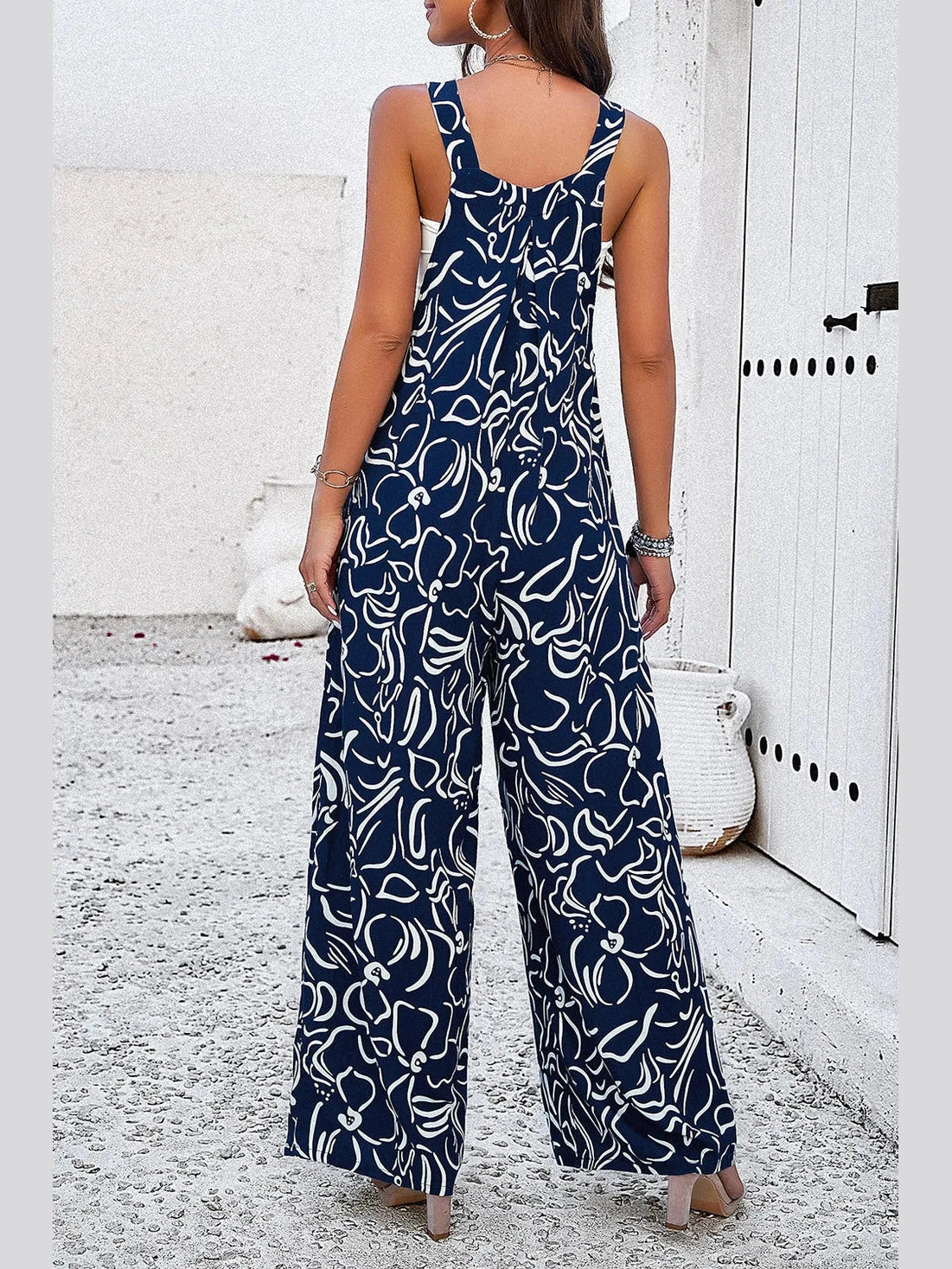 Devine Printed Wide Strap Jumpsuit with Pockets nicholesgifts
