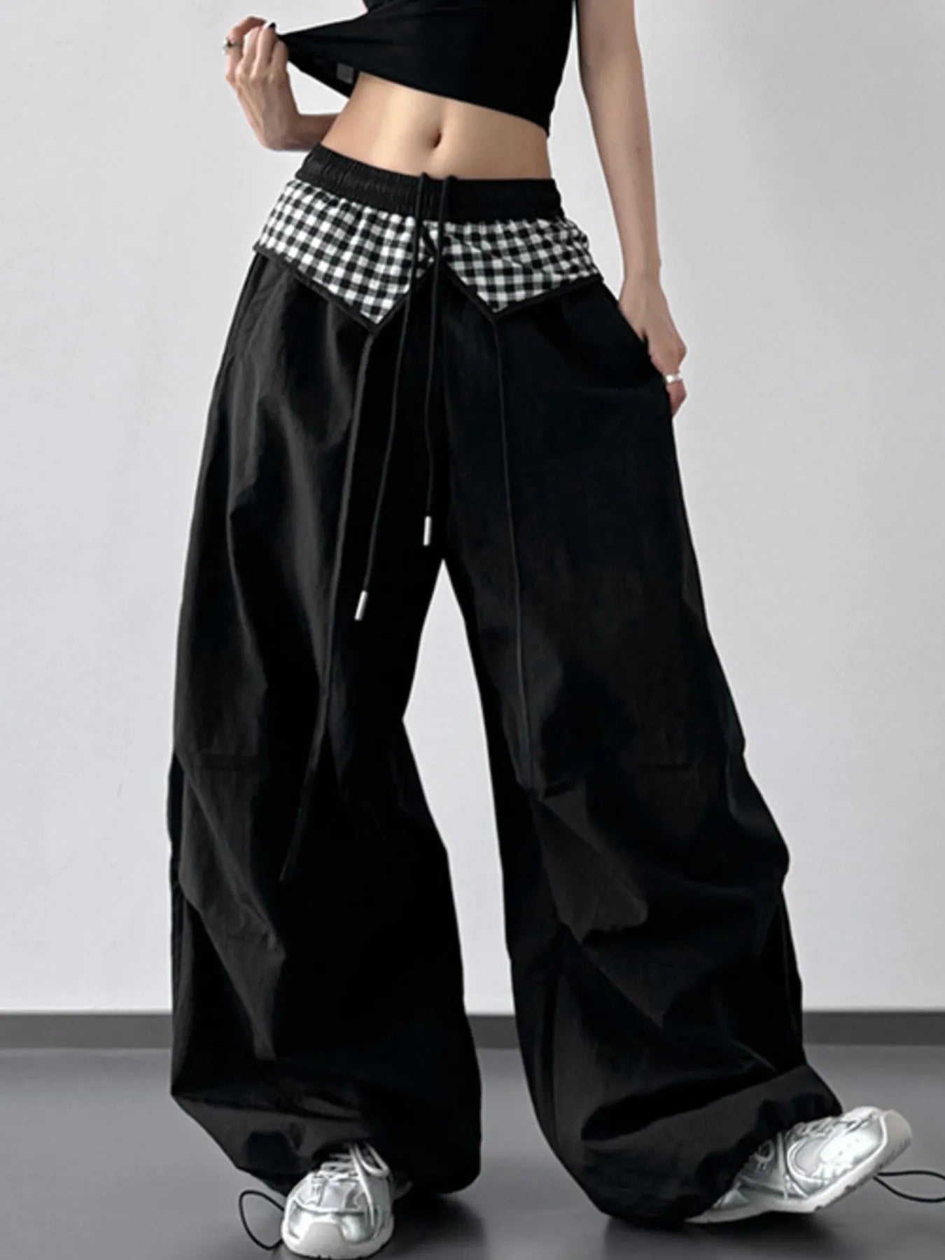 Wide Leg Pants with Checkered Detail Trendsi