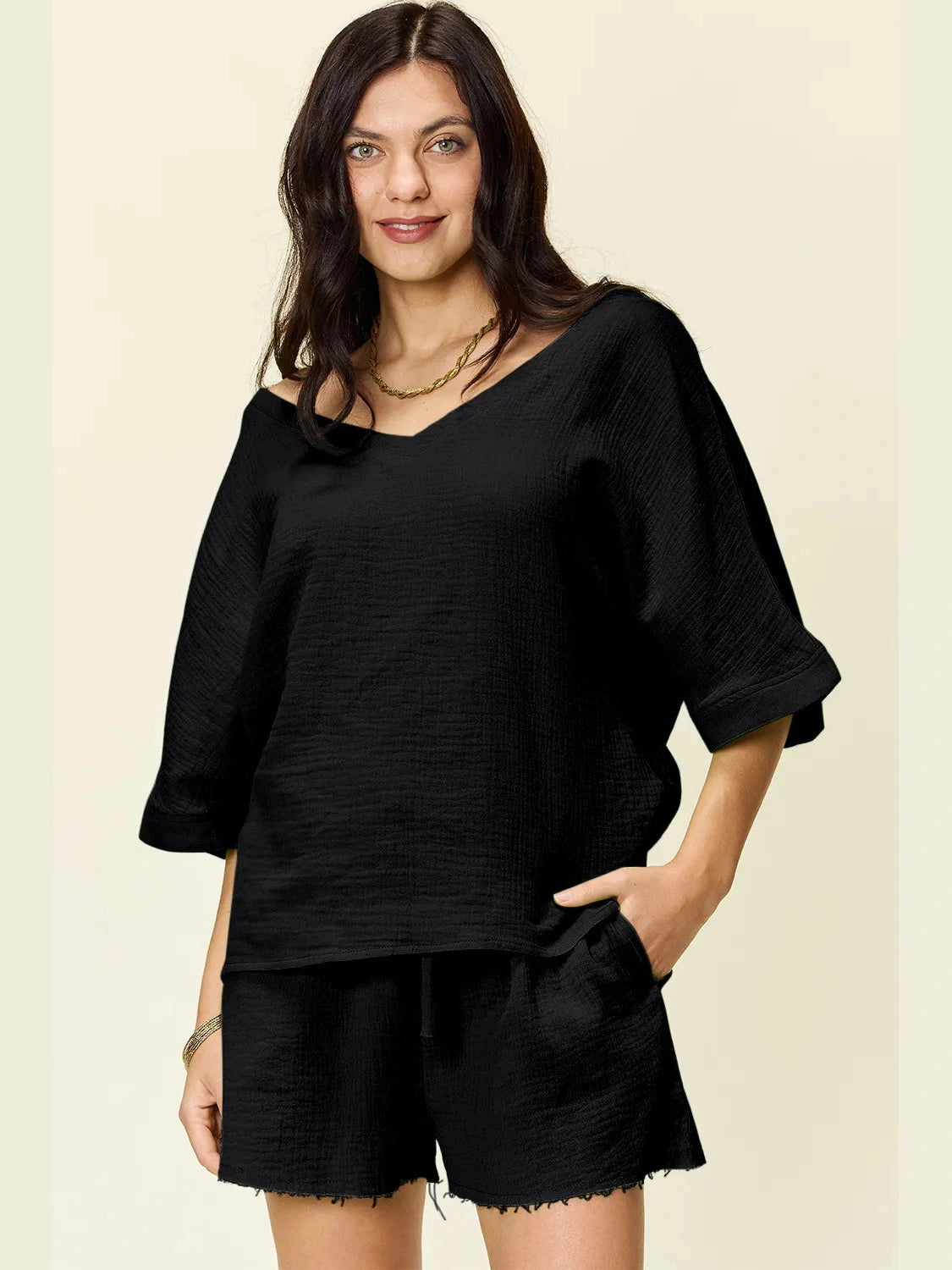 Double Take Texture Half Sleeve T-Shirt and Drawstring Shorts Set NicholesGifts