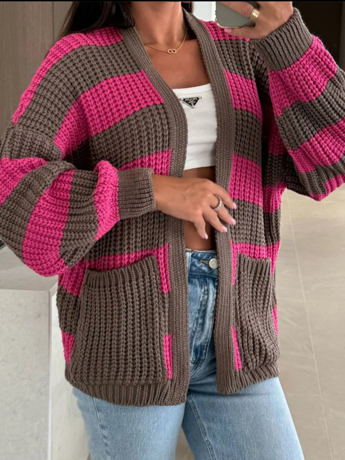 Striped Open Front Long Sleeve Cardigan Trendsi