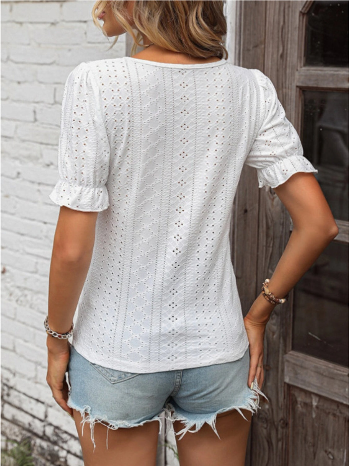 Eyelet Lace Detail V-Neck Flounce Sleeve Blouse nicholesgifts