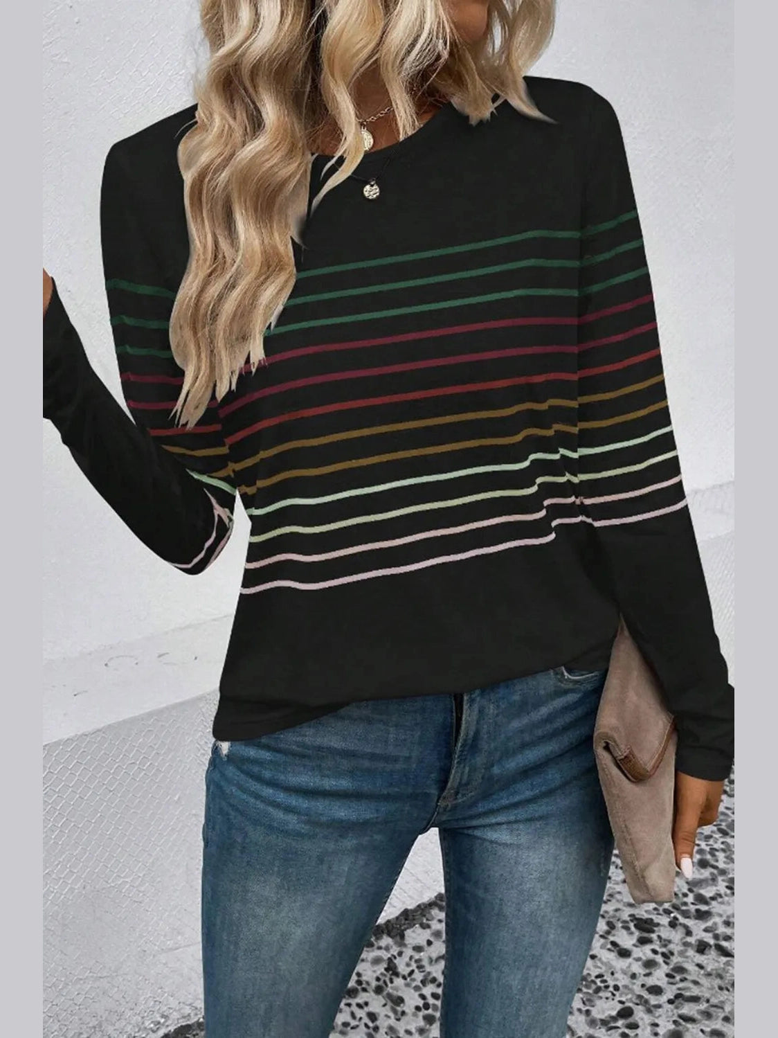 Striped Round Neck Long Sleeve T-Shirt nicholesgifts