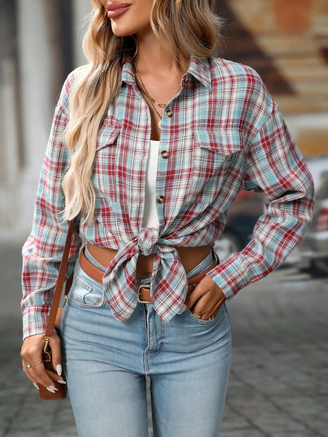 Plaid Button-Down Oversized Shirt Trendsi