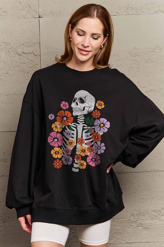 Women Simply Love Full Size Flower Skeleton Graphic Sweatshirt NicholesGifts