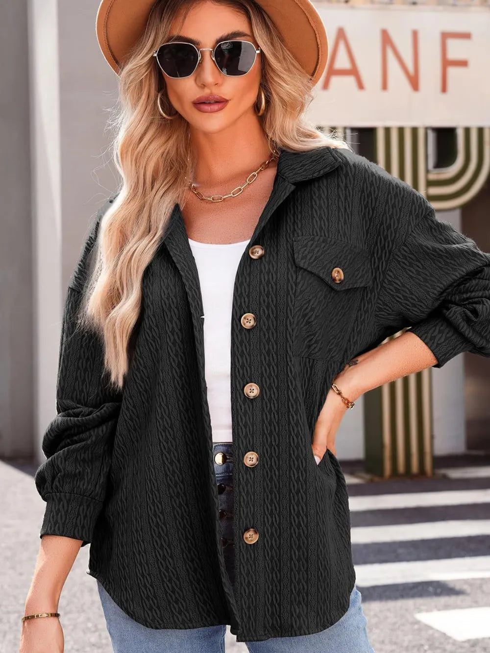 Textured Button Up Long Sleeve Shacket nicholesgifts