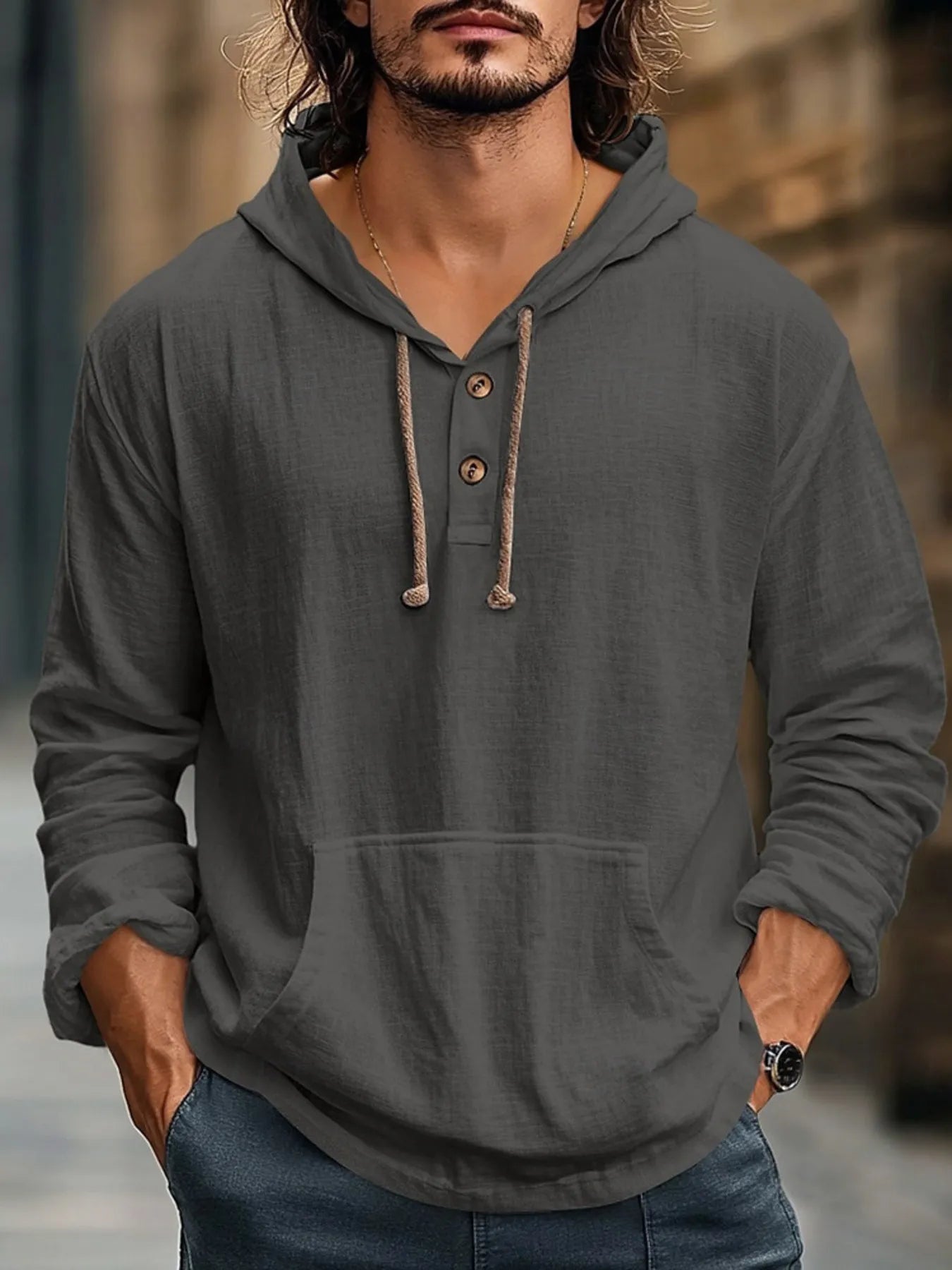 Men's Full Size Drawstring Long Sleeve Hoodie with Button Details Plus Size NicholesGifts