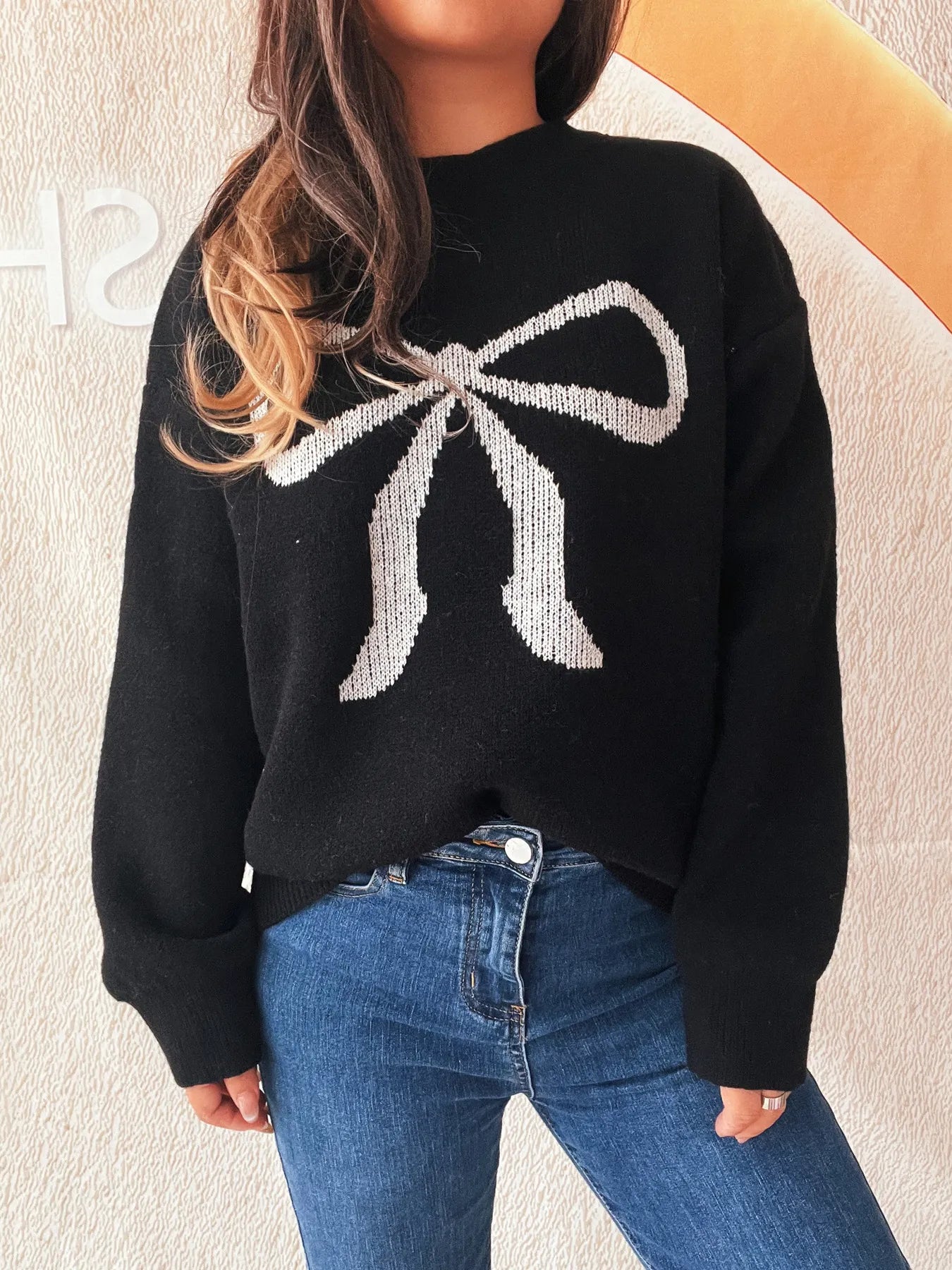 Bow Pattern Casual Long Sleeve Sweater