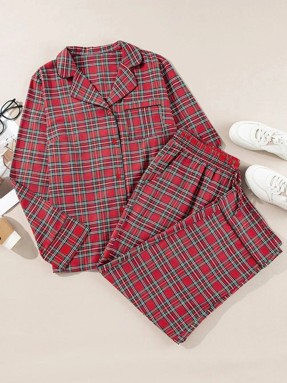 Plus Size Plaid Collared Neck Top and Pants Lounge Set nicholesgifts