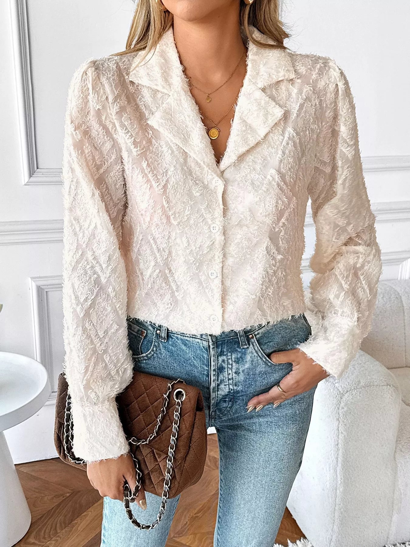 Textured Long Sleeve Button-Up Shirt NicholesGifts