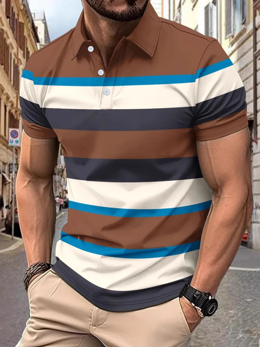 Men's Full Size Collared Short Sleeve Striped Polo Plus Size NicholesGifts