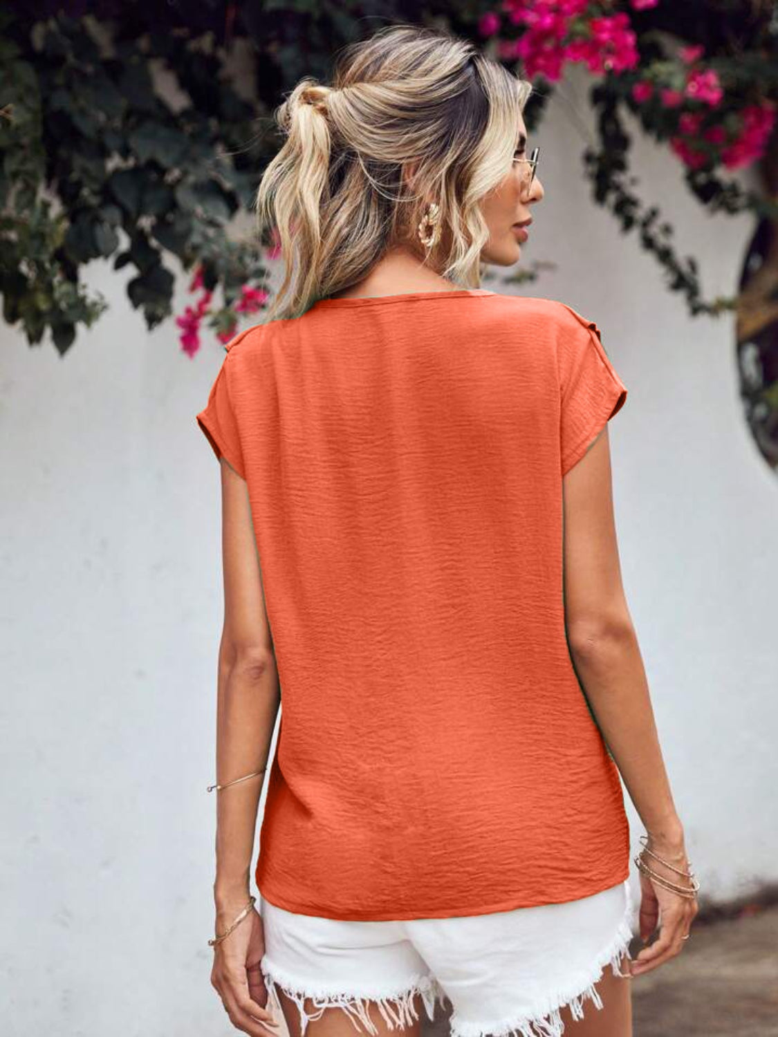 Ruffled V-Neck Short Sleeve Blouse nicholesgifts