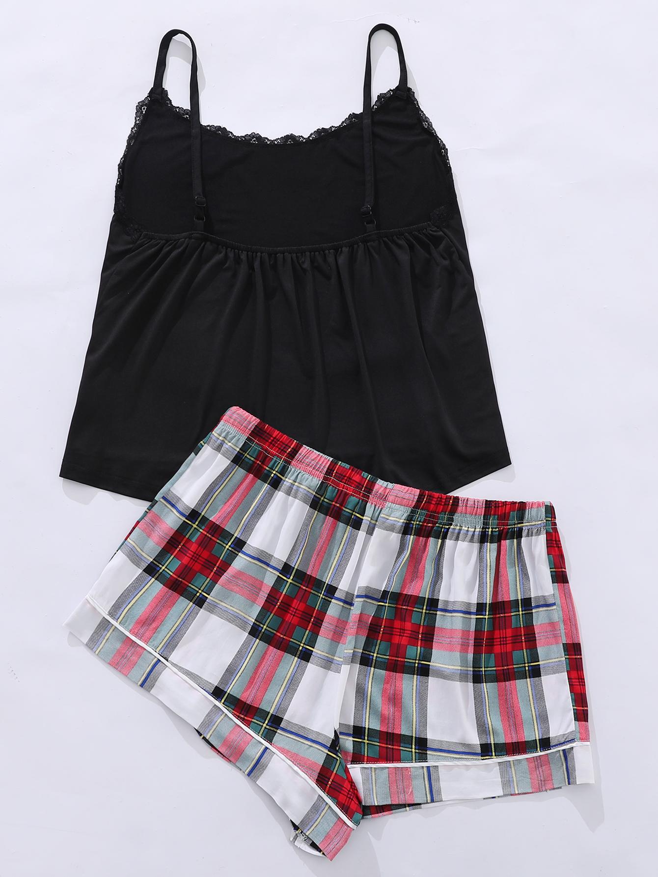 Plus Size Lace Trim Scoop Neck Cami and Printed Shorts Pajama Set nicholesgifts
