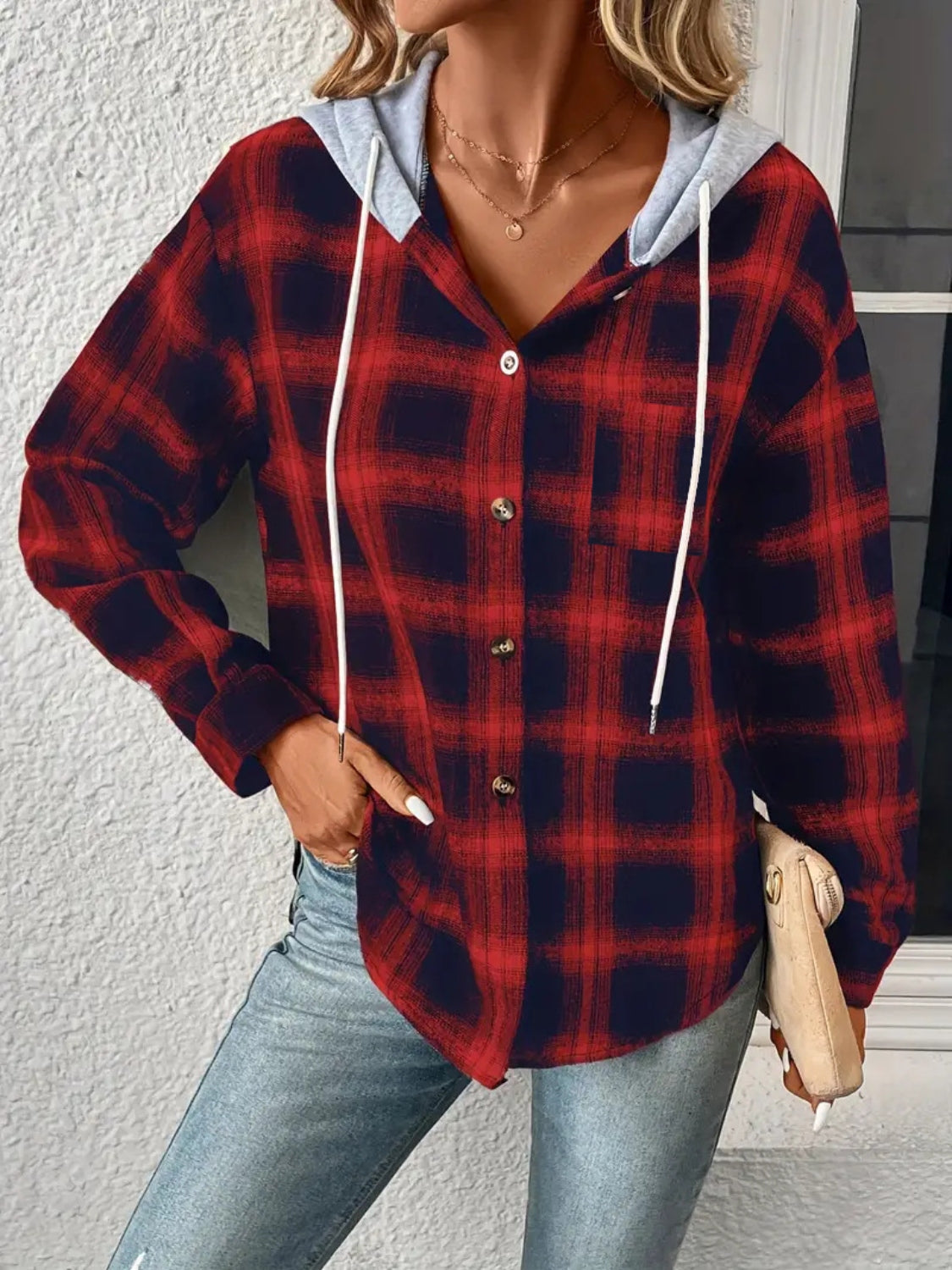 Plaid Drawstring Button Up Hooded Jacket nicholesgifts