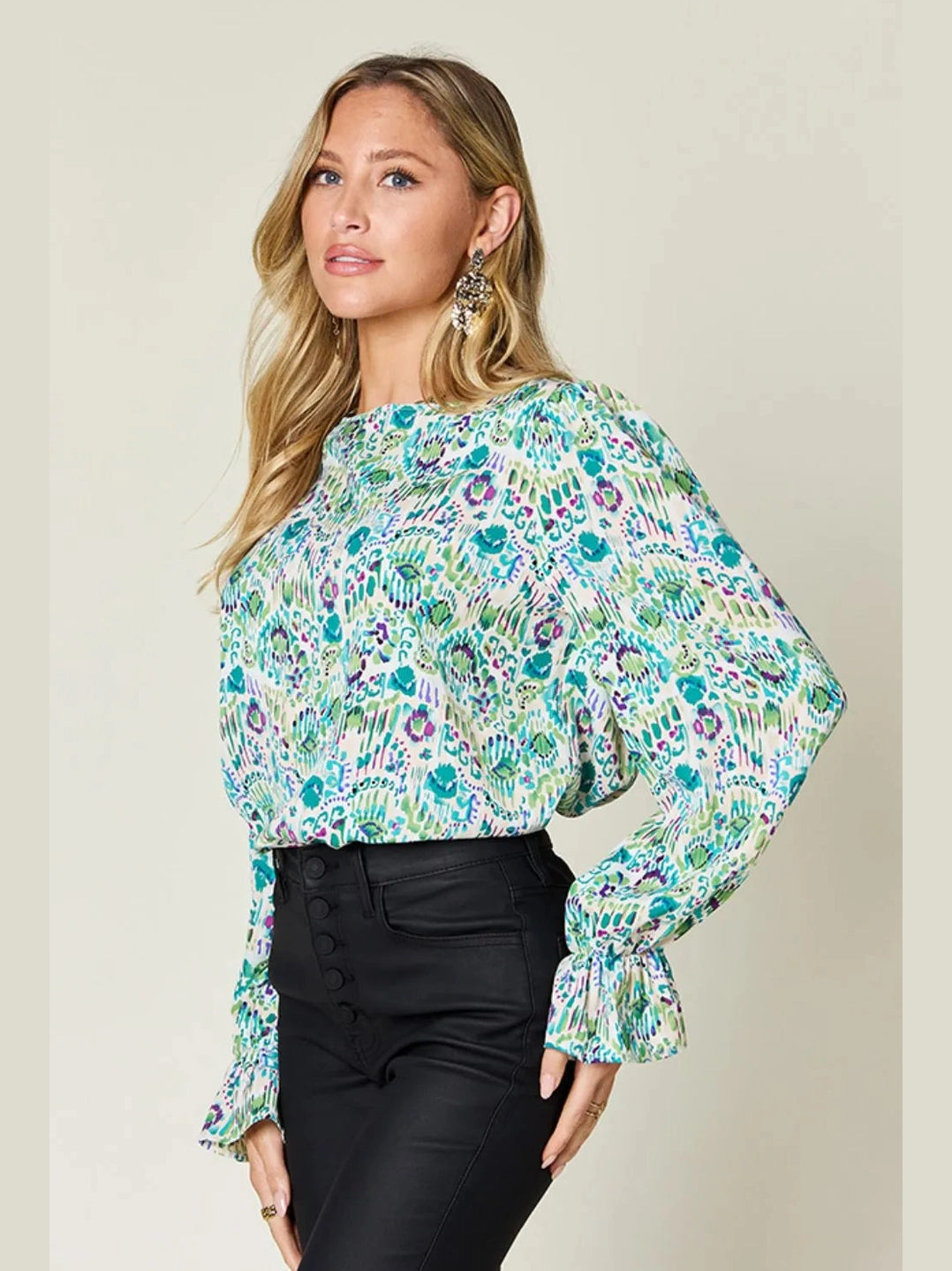 Double Take Full Size Printed Flounce Sleeve Blouse