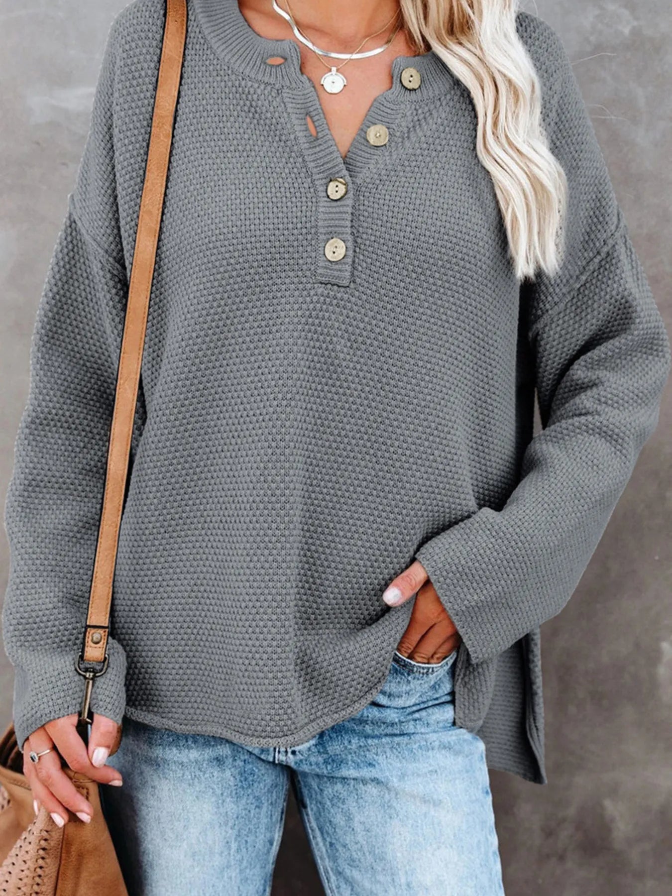 Women Button Detail Long Sleeve Knit Top
