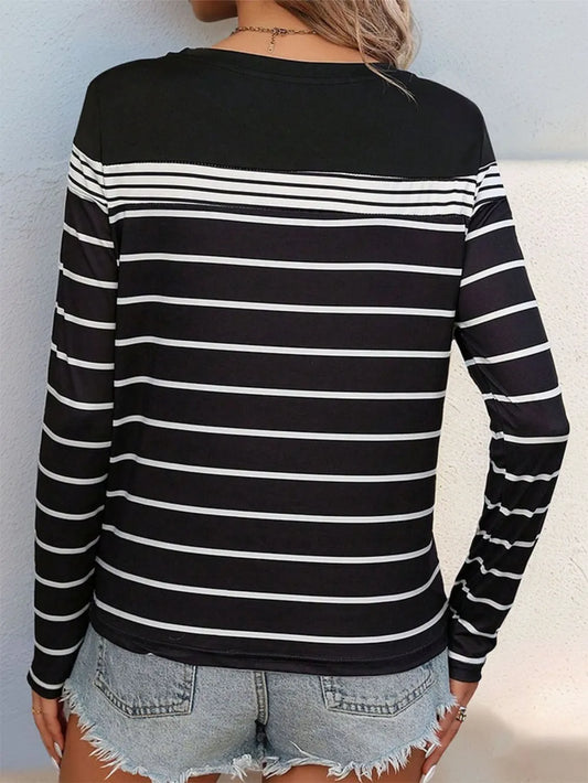 Perfee Striped Round Neck Long Sleeve T-Shirt nicholesgifts
