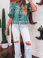 Women Green Floral Tie Front Puff Short Sleeve Blouse nicholesgifts