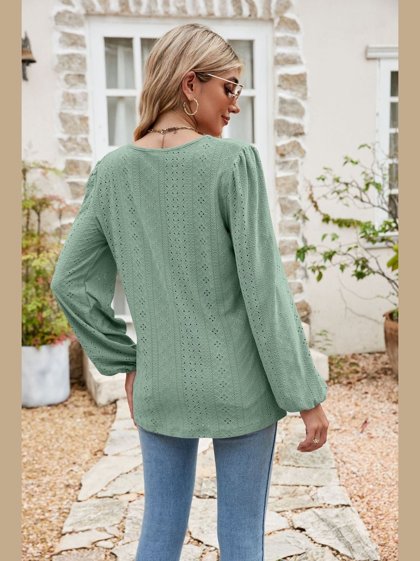 Eyelet Notched Neck Balloon Sleeve Blouse