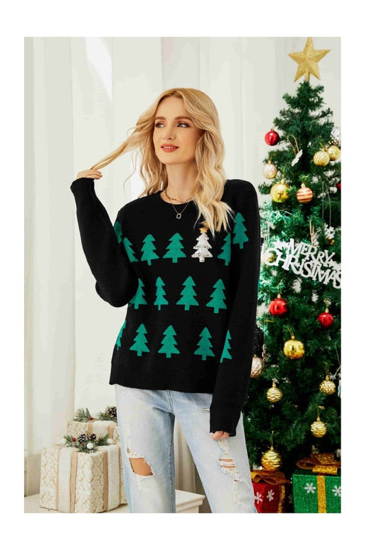Christmas Tree Round Neck Ribbed Trim Sweater NicholesGifts