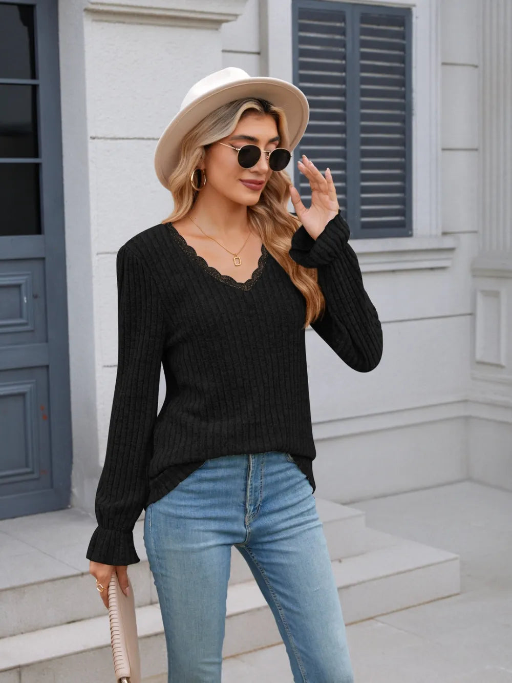 Lace Detail V-Neck Long Sleeve T-Shirt NicholesGifts