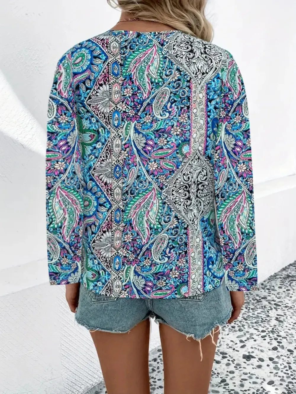 Printed V-Neck Long Sleeve Blouse NicholesGifts