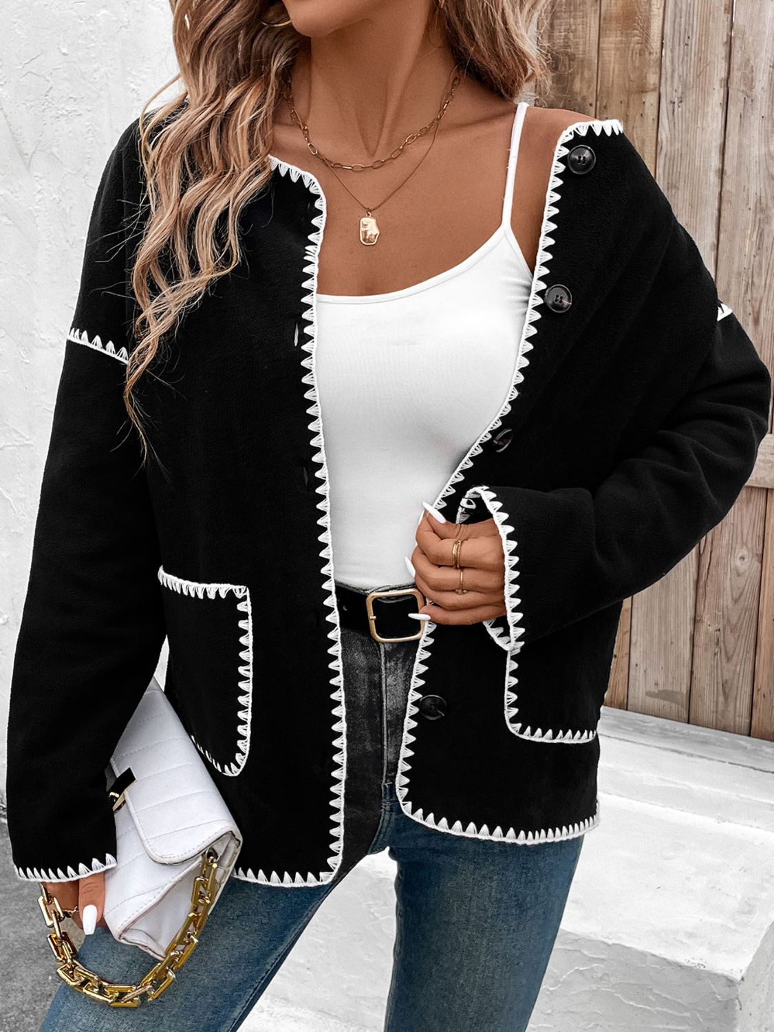 Perfee Pocketed Contrast Button Up Jacket nicholesgifts