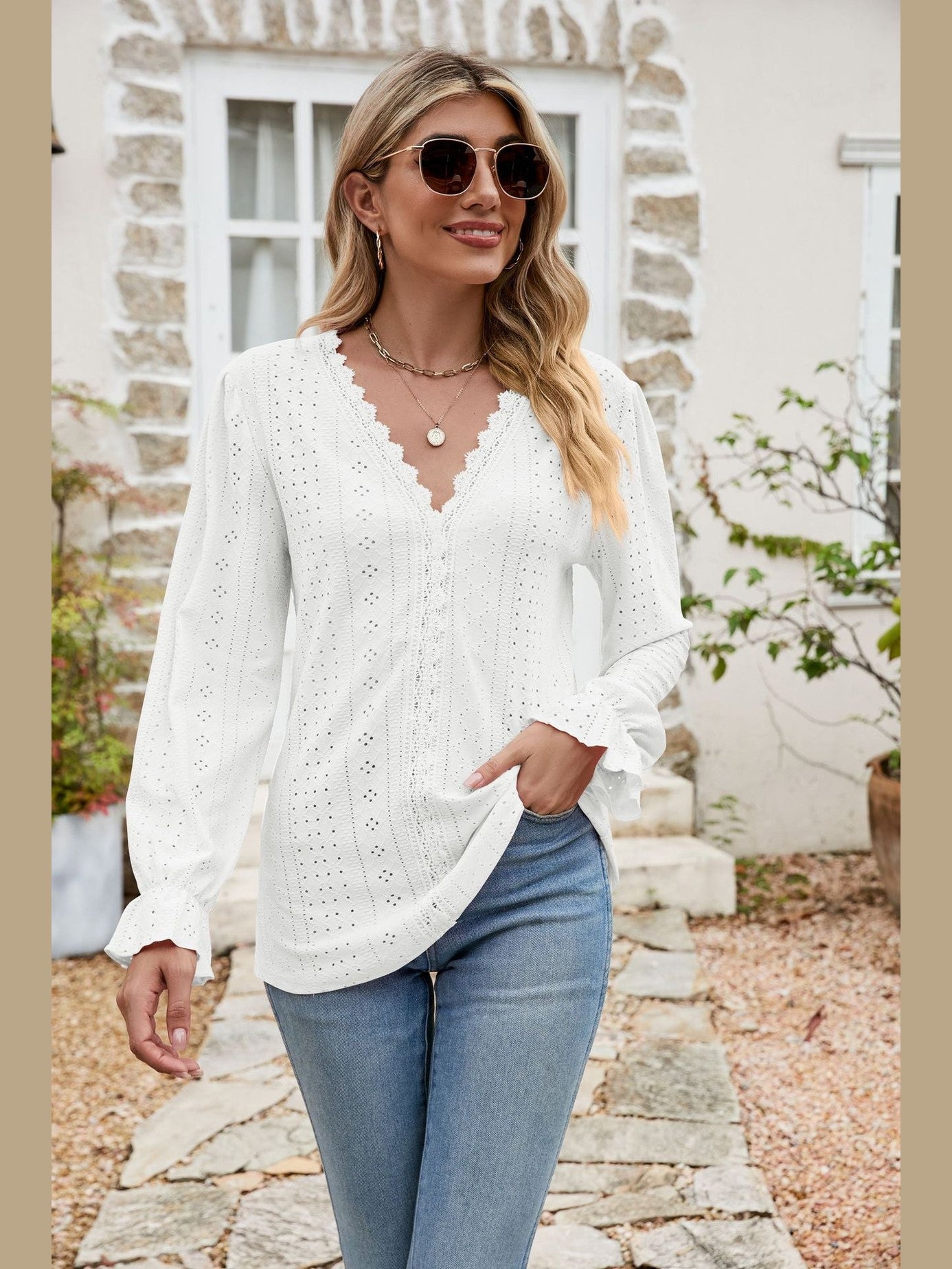 Eyelet Lace Trim Flounce Sleeve Blouse
