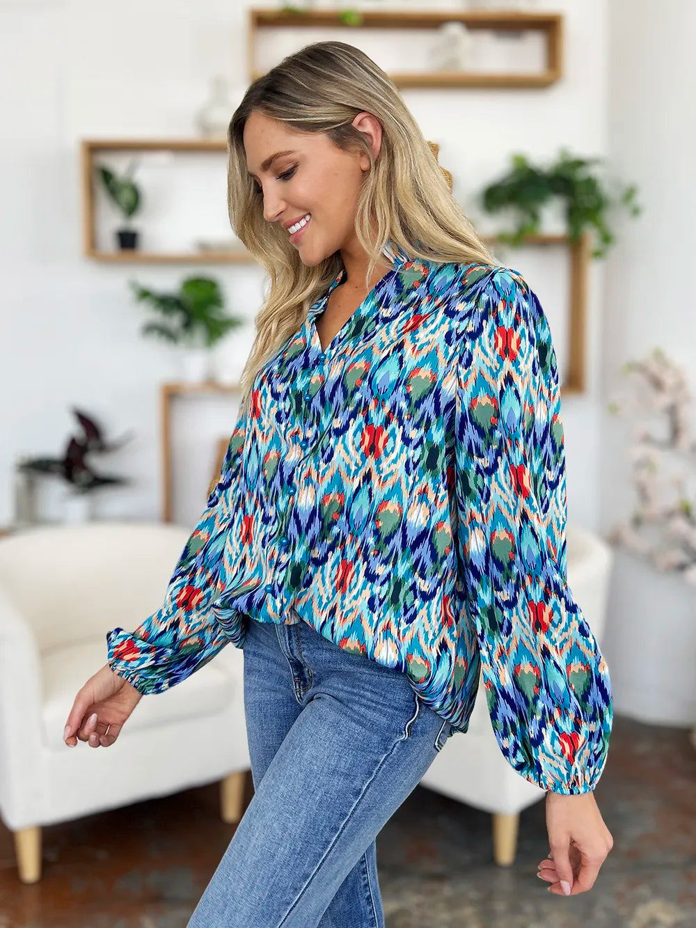 Double Take Full Size Printed Balloon Sleeve Blouse nicholesgifts