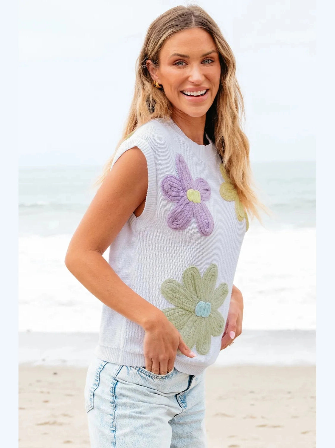 Crochet Flower Round Neck Sweater Vest nicholesgifts