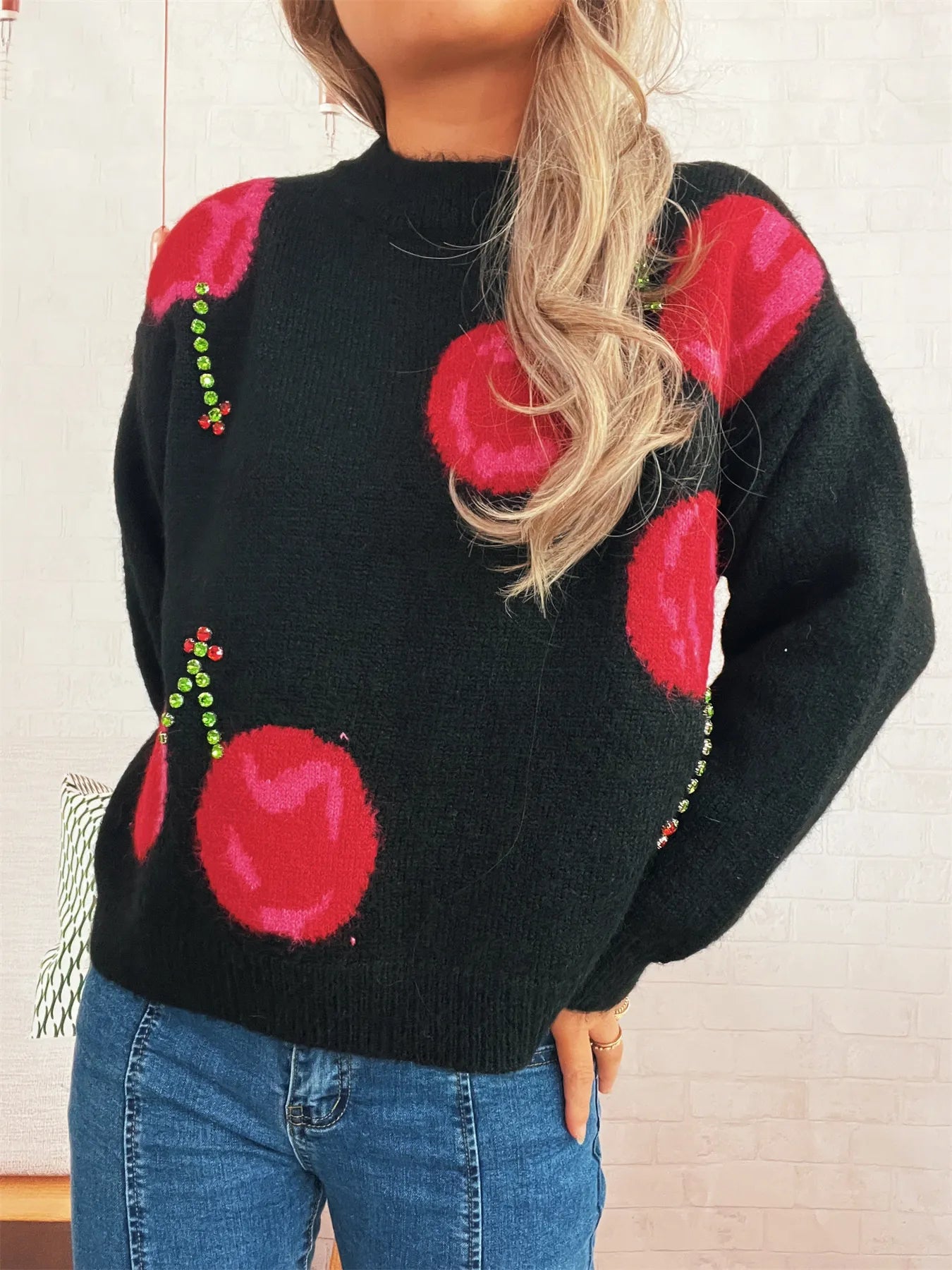 Contrast Cherry Round Neck Sweater