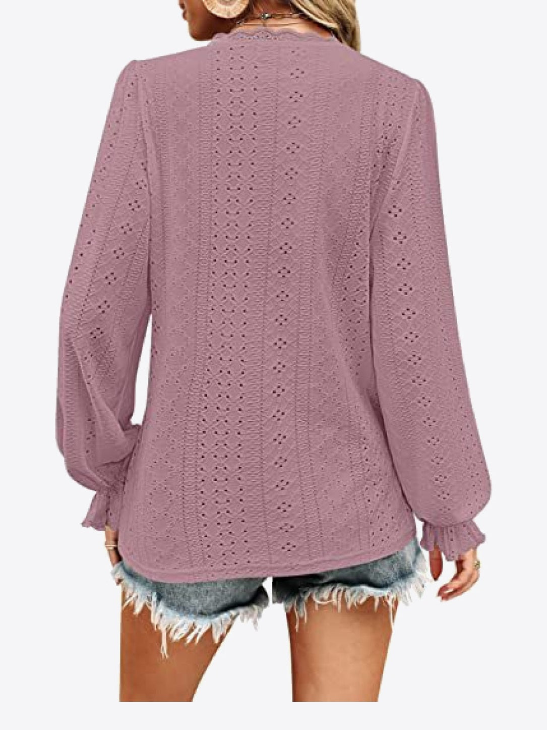Eyelet V-Neck Flounce Sleeve Blouse