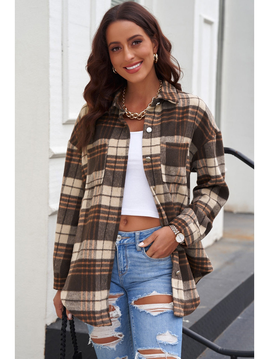 Plaid Curved Hem Dropped Shoulder Longline Shirt Jacket nicholesgifts