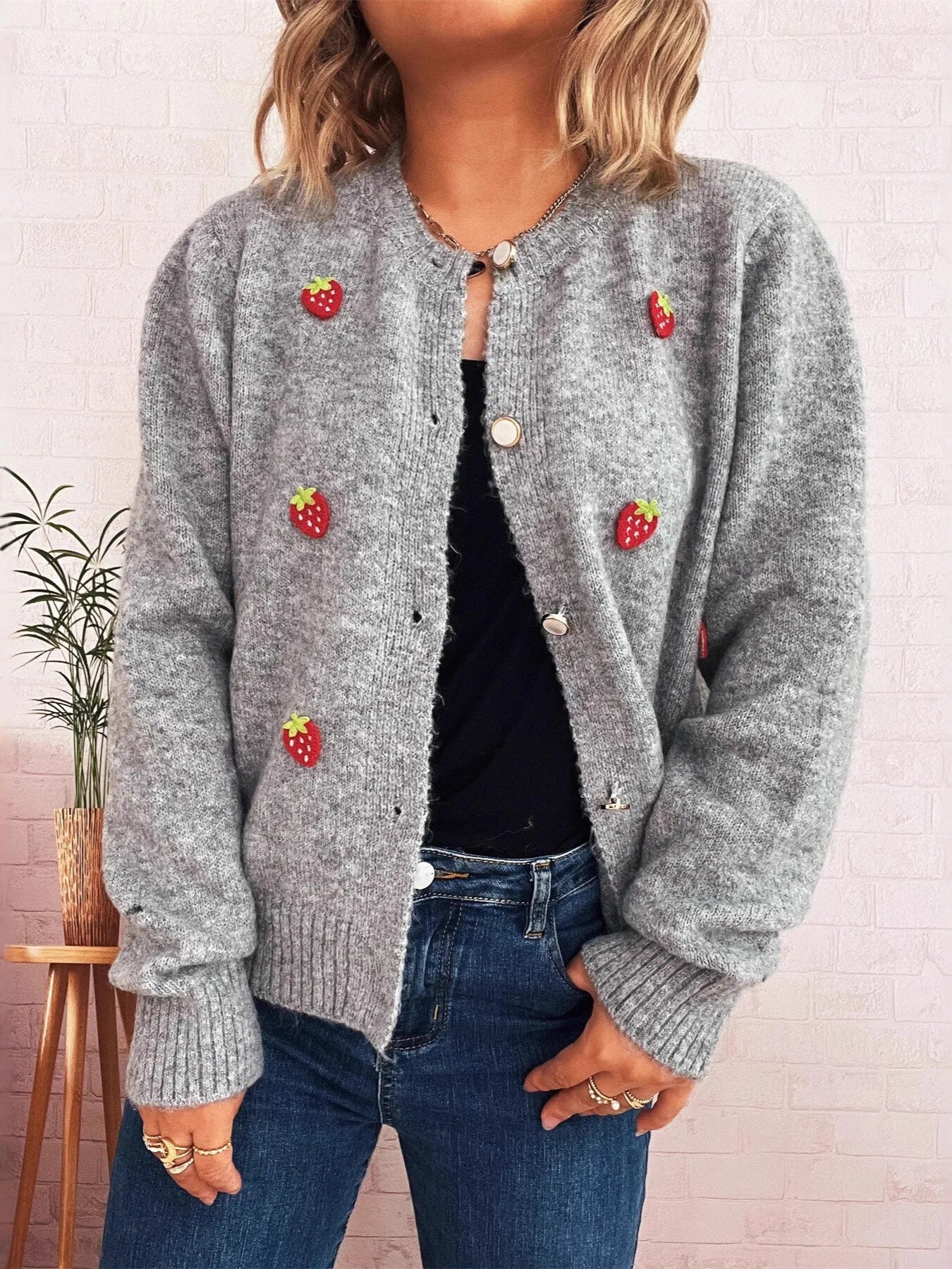 Strawberry Button Up Long Sleeve Cardigan Trendsi