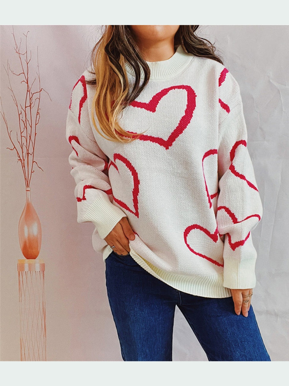 Heart Pattern Long Sleeve Sweater Trendsi