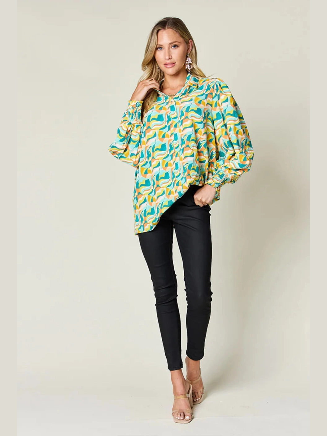 Double Take Full Size Printed Smocked Long Sleeve Blouse nicholesgifts