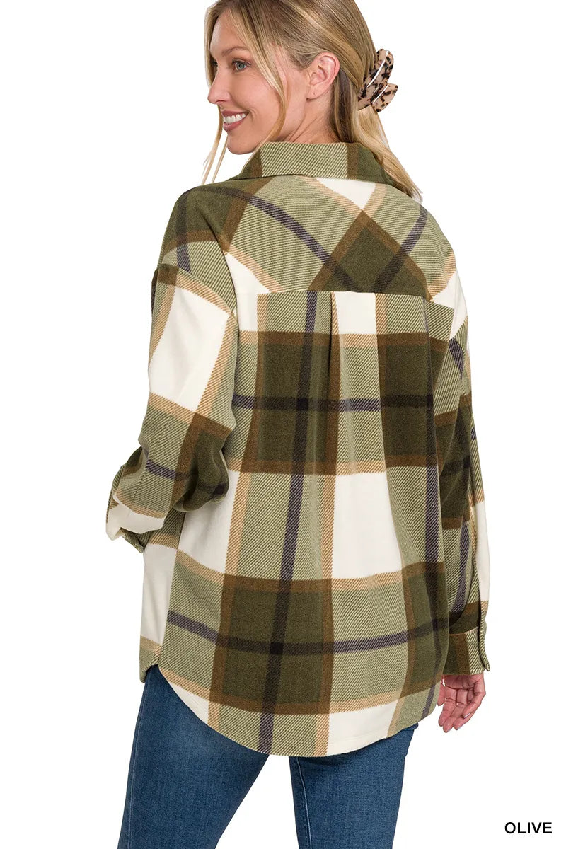 Zenana Oversized Plaid Fleece Shacket Trendsi